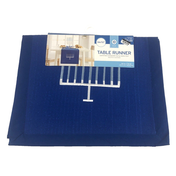 Hanukkah Menorah Table Runner 14 x 72 Blue Embroidered Chanukah Home Decoration - Picture 1 of 9
